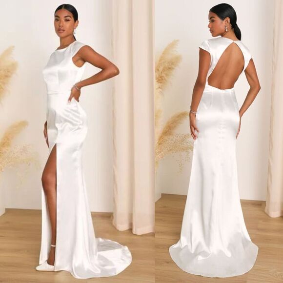 Lulus Women's Size L Sophisticated Romance White Satin Backless Maxi Dress NEW - Picture 3 of 14